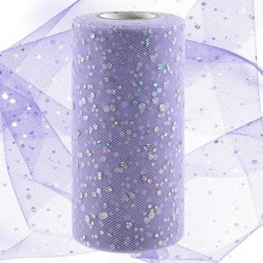 Imagem de Swpeet Rolo de tecido de tule de 6 polegadas por 50 metros roxo claro rolo de tecido de tule, fita de tule brilhante para festa de aniversário DIY decorações de casamento acessórios de artesanato de