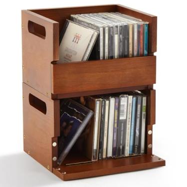 Imagem de CroBlissful 2 conjuntos de pequenos suportes de caixa de armazenamento de CD de madeira, pequenos suportes de exibição de fita cassete com alças de transporte, prateleira organizadora para capas de