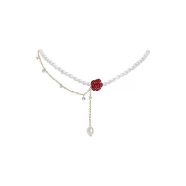 Imagem de Gargantilha feminina com flor de rosa vermelha e strass falso, colar em Y de cristal de pérola boêmia
