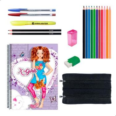 Imagem de Kit Material Escolar Caderno 10 Matérias Estojo Duplo + Itens Feminino