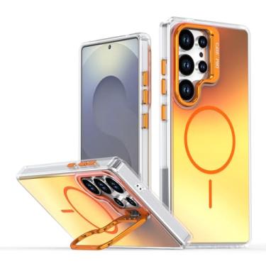 Imagem de POYUFRG Capa magnética para Samsung Galaxy S26 Ultra/S26 Plus/S26, capa fina gradiente antiamarelamento com proteção de lente de metal, capa de suporte, laranja, S26 Plus