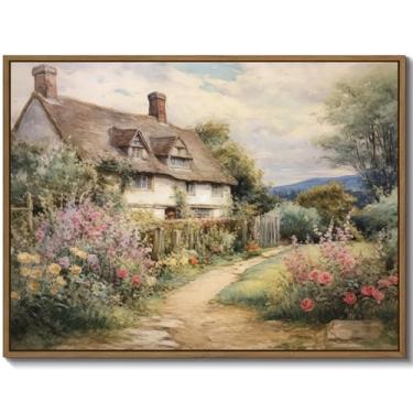 Imagem de Arte de parede em tela de jardim de casa de campo vintage impressões de arte de paisagem rústica pintura a óleo imagens de aldeia arte estética decoração de parede emoldurada para sala de estar quarto