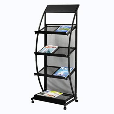 Imagem de Porta-revistas de 4 andares, suporte de exibição de 134,6 cm de altura/folheto/arquivo/disco, organizador de livros para escritório em casa com 4 rodas de freio (preto)