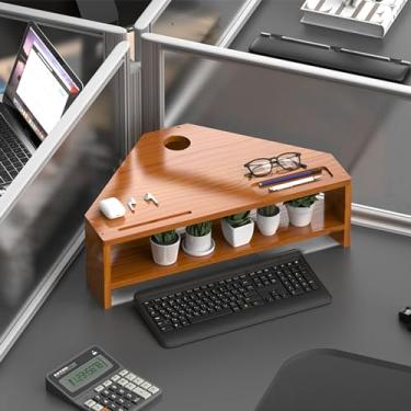 Imagem de Suporte para monitor de canto Suporte de computador de canto de mesa duplo com armazenamento, elevação de tela triângulo cortado com slot para caneta, prateleira de mesa com orifício para cabo e
