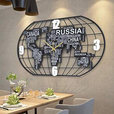 Imagem de U5GAAALPPQ9 Relógio de parede grande de metal com decoração de mapa-múndi MDF, relógio de personalidade, moda relógio de parede sala de estar quarto/escritório criativo moderno mudo relógio grande