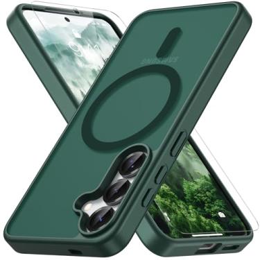 Imagem de Vansdon Capa para Samsung Galaxy S24 / S25, compatível com MagSafe, capa protetora fina fosca translúcida magnética com 1 protetor de tela - proteção contra quedas de grau militar (verde escuro)