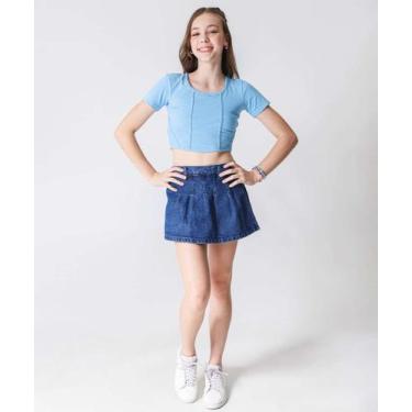 Imagem de Short Saia Jeans Juvenil Pregas Marisa Tam 10 a 16-47063, Azul, 14