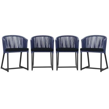 Imagem de 4 Cadeiras De Jantar Noronha Preta Corda Náutica E12 Trama Azul