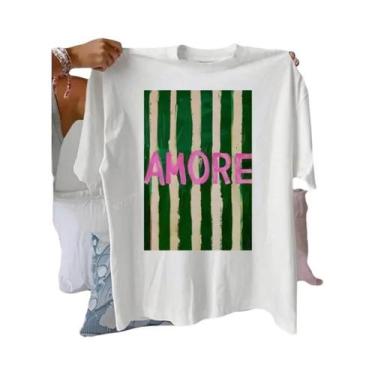 Imagem de Camiseta Casual Feminina De Algodão Listrada Com Gola Redonda E Manga 