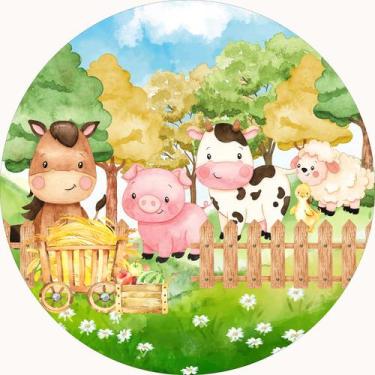 Imagem de Painel em Lona Redondo Fazendinha Aquarela Árvores Animais no Pasto Ce