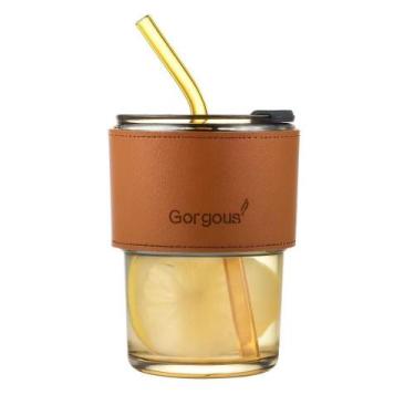 Imagem de Copo De Vidro Com Canudo Tampa E Vedação 450ml Dourado - OUTRAS MARCAS