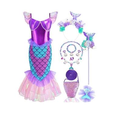 Imagem de Conjunto De Vestido De Sereia Ariel Roxo Para Meninas, Fantasia De Hal