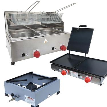 Imagem de Kit Lanchonete Fogão Portátil 1 Boca + Chapa 60cm com Prensa e Fritadeira 2 Cubas 5 Litros Alcamar