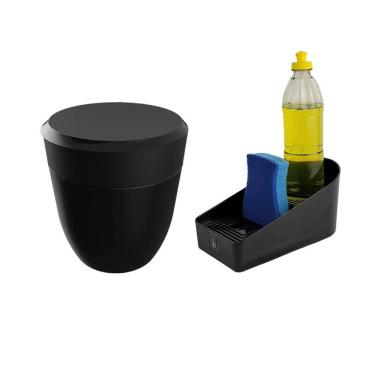 Imagem de Kit Cozinha Lixeira 2,5L Organizador De Pia Porta Detergente Esponja Preto - Crippa