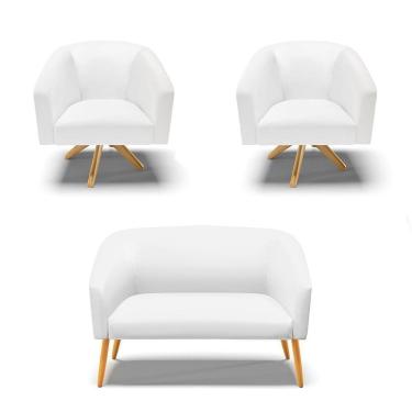 Imagem de Kit 1 Namoradeira E 2 Poltronas Branco Base Madeira