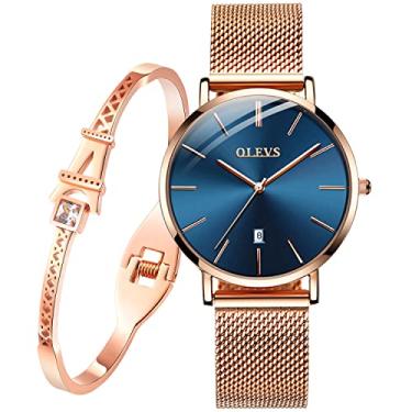 Imagem de OLEVS Conjunto de s de relógio feminino com pulseira ouro rosa para senhora feminina minimalista simples fino casual vestido analógico quartzo relógios de pulso à prova d'água dois tons, Mostrador azul - bisel de ouro rosa - pulseira
