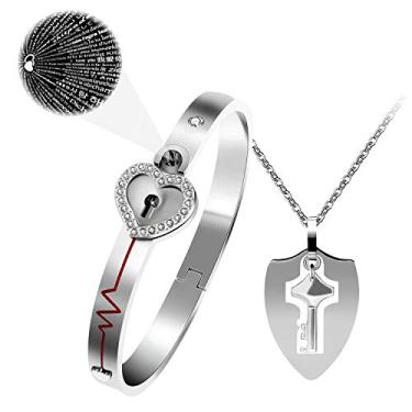 Imagem de Uloveido Colar com pingente de chave e pulseira de bloqueio para meninas, meninos, conjunto de pulseiras para homens e mulheres, presente de aniversário, You Hold the Key to My Heart Y473/Y474 Branco