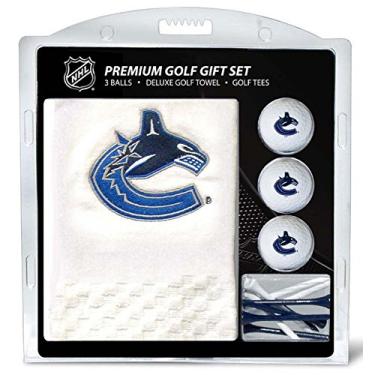 Imagem de Conjunto de toalhas de golfe bordado para presente Team Golf NHL Vancouver Canucks 3 bolas de golfe e 14 camisetas de golfe 2-3/4", Toalha de três dobras 16" x 22" e 100% algodão
