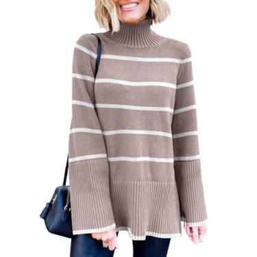 Imagem de ANRABESS Suéter feminino moderno pulôver gola alta manga longa bainha dividida casual suéter de malha tops, Amêndoa e branco, P