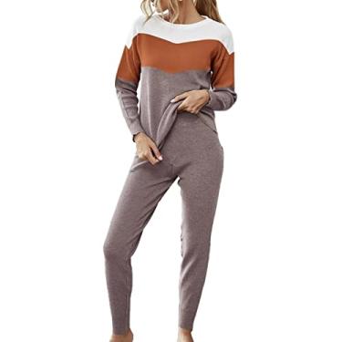 Imagem de Conjunto de Pijama de Manga Comprida, Calça Com Gola Redonda e Sem Rugas 2 Peças Lavável na Máquina para Uso Diário No Escritório (S)