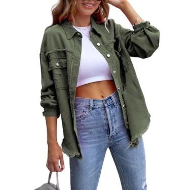 Imagem de Perbai Jaqueta jeans rasgada feminina grande bainha desfiada botão frontal boyfriend casaco de ganga ocidental com bolsos, Verde militar, M