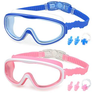 Imagem de KAILIMENG Pacote com 2 óculos de natação para crianças, visão ampla, sem vazamento, proteção UV e protetores de ouvido com clipe de nariz para crianças de 3 a 15 anos (azul e rosa, pacote com 2)