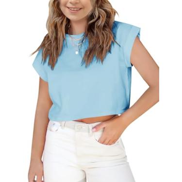 Imagem de Haloumoning Camisetas femininas de manga curta cropped manga enrolada gola redonda sólida solta camisetas básicas para o verão, Azul, 13-14 Anos