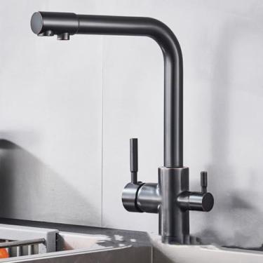 Imagem de Torneira de água pura cromada, rotação 360, multifuncional, filtro de cozinha, purificação, alça dupla, torneiras misturadoras frias, bronze preto