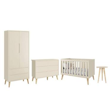 Imagem de Dormitório Completo Infantil Theo 2 Portas, Cômoda 6 Gavetas, Berço e Mesa de Canto com Pés Madeira Natural - Reller Móveis