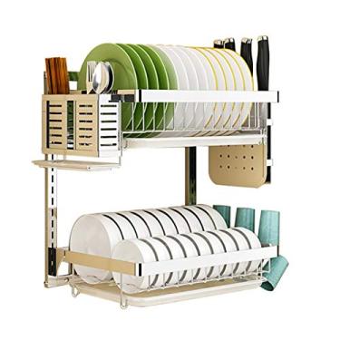 Imagem de Escorredor de louça, suporte de prato de cozinha, organizador de pratos de secagem, prateleira de armazenamento sobre a pia, suporte de tigela de parede de 2 níveis com bandeja de drenagem 6 ganchos,