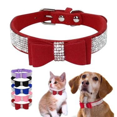 Imagem de Coleiras vermelhas para cães de porte médio com laço, coleira de strass para filhotes de cachorro brilhantes joias brilhantes joias fofas ajustáveis para XXS XS pequeno macho menino animais de