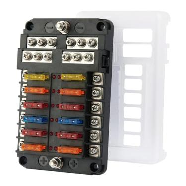 Imagem de Caixa de fusíveis de 12 volts, lâmina de 12 V, bloco de fusíveis com indicador de LED à prova de umidade para veículos, carros, barcos, automóveis, 6 circuitos independentes positivos negativos (12 vias)