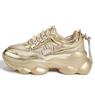 Imagem de LUCKY STEP Tênis feminino anos 90, grosso, brilhante, com strass, plataforma, casual, grosso, para caminhada, Dourado, 40