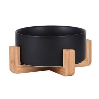 Imagem de Comedouro grande de Cerâmica para Pets com Suporte de Madeira, 850 ml, Modelo Verona (Preto)