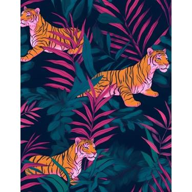 Imagem de Papel de parede de tigre descasque e cole, papel de parede de animais da selva rosa/laranja/azul 44 cm x 998 cm à prova d'água autoadesivo floresta tropical para quarto, bancada, armários de mesa,