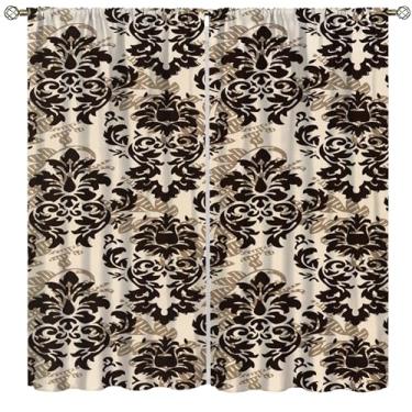 Imagem de Cortinas escurecidas para quarto, marrom, preto, damasco, estampadas, para sala de estar, estilo barroco, medalhão texturizado, bolso para varão, tratamentos de janela 106,7 cm L x 114,3 cm C