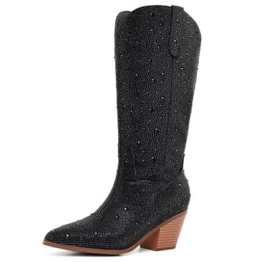 Imagem de RONILURN Botas femininas caubói cowgirl strass cano médio botas ocidentais brilhantes glitter bico fino salto grosso sem cadarço, Meia panturrilha preta, 38
