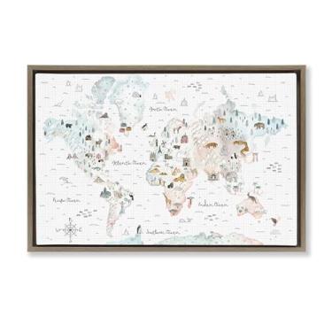 Imagem de Stupell Industries Mapa do viajante mundial caprichoso marrom flutuador tela emoldurada design de arte de parede por Laura Marshall, 25 x 17