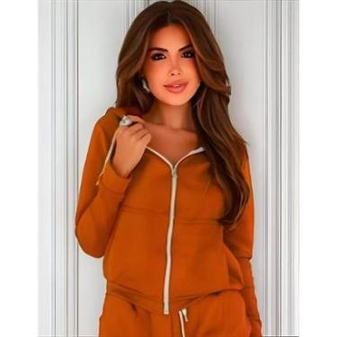 Imagem de Blusa de frio feminina basica moletom com ziper e capuz lisa sem estampa-Feminino