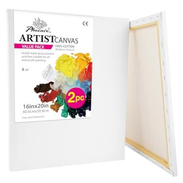Imagem de PHOENIX Tela Esticada para Pintura 16X20"/Pacote com 2 Unidades, 8 Oz com Primer Triplo, Perfil de 5/8", Tela Branca Em Branco 100% Algodão, Tela com Moldura Quadrada para Óleo Acrílico e Arte Vazada