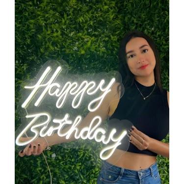 Imagem de Placa Neon Led Happy Birthday Painel Led Neon Branco Quente - Laser Hy