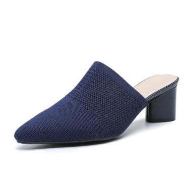 Imagem de NourIron Sandália feminina de malha fechada bico fino salto grosso moda malha respirável salto baixo sandália confortável sem cadarço sapatos de festa social, Azul, 41