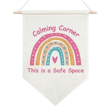 Imagem de AGMDESIGN Canto calmante This Is A Safe Space Boho lona pendurada bandeira bandeira, decoração de parede de saúde mental, canto calmo, terapia escritório escola conselheiro meninas quarto berçário