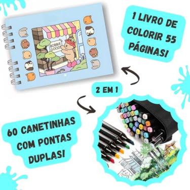 Imagem de Kit Caneta Marcadora Dupla Ponta 36 Cores + Livro Colorir Urso Bob | Capa Dura | Estojo Organizador