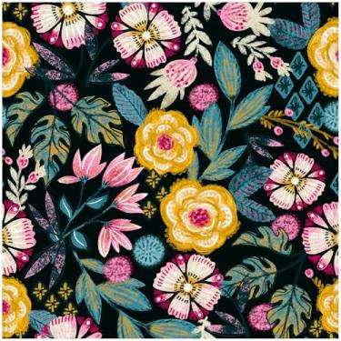 Imagem de HAOKHOME Descole e cole papel de parede floral boho preto/amarelo/fúcsia/verde papel de parede removível para decoração de banheiro 44 cm x 3 m