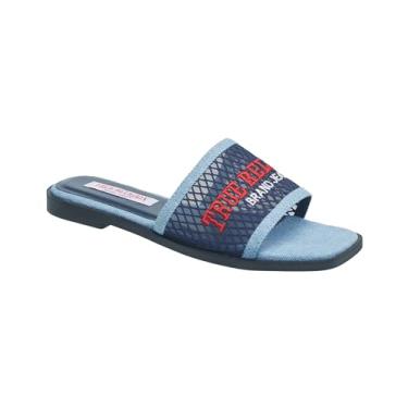 Imagem de True Religion Sandálias femininas de malha jeans – alça com logotipo, conforto casual sem cadarço, Azul, 36