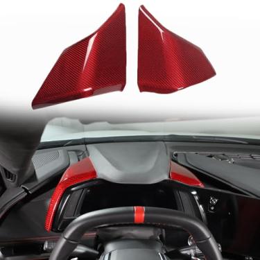 Imagem de Acabamento da capa do painel do carro compatível com Chevrolet Corvette C8 2020-2023 fibra de carbono real 2 peças, capa lateral do velocímetro, acabamento do painel do capô do instrumento lateral (carbono vermelho)