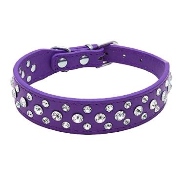 Imagem de Haoyueer Coleira de couro PU com strass brilhante diamante para animais de estimação cão gato filhote de cachorro preto P M G GG (G, roxo)