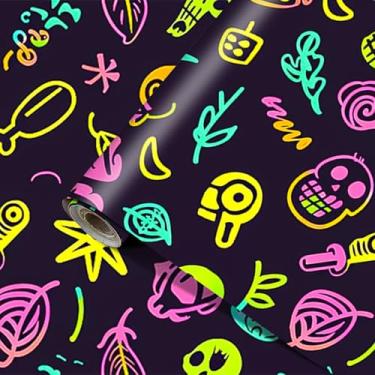 Imagem de HOMETITUTE Adesivo de parede neon crânio descascar e colar grafite arte urbana vinil mural de parede reativo luz negra para quarto sala de jogos clube decoração Cyberpunk sotaque 99x40 centímetros