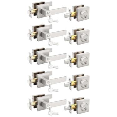 Imagem de Tinewa Pacote com 5 alavancas de porta dianteira/externa com chave de níquel escovado com fechadura de cilindro único, conjuntos de fechadura de maçaneta de porta de entrada quadrada com conjuntos de